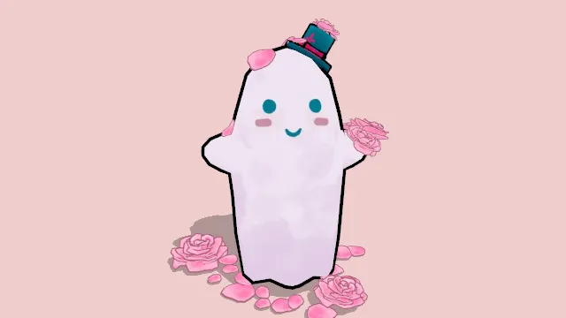 可爱小幽灵拿着花朵有花瓣飘落