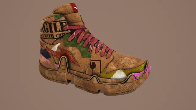 3D卡通风格棕粉绿系创意潮鞋模型，创意设计（3D潮鞋、卡通风格、潮流艺术风，鞋子设计主题）