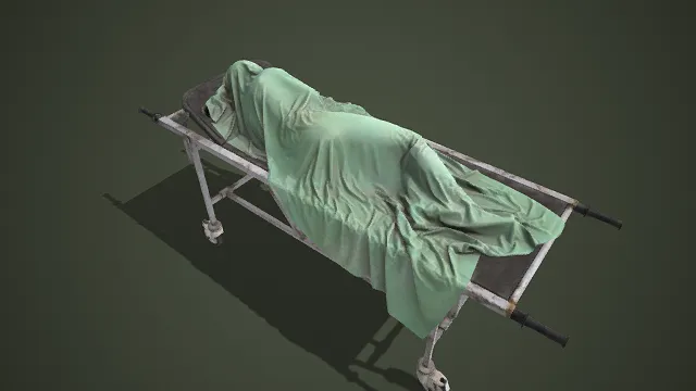 做旧风格  医用转运担架  带轮底座  尸体转运场景  推拉把手  肃穆  殡葬  浅绿布单