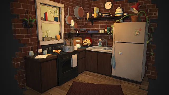 微亮暖心的厨房一角    室内厨房场景3D模型