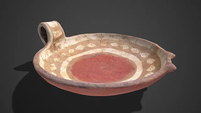 古旧  彩陶  单耳浅盘  斑驳  岁月磨损  裂纹  陶器  民俗