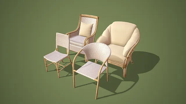 卡通风格四款软包与木面藤椅组合 3D 低多边形场景装饰模型
