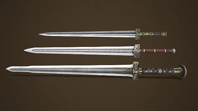 奇幻风多尺寸宽刃长剑套装 3D 模型