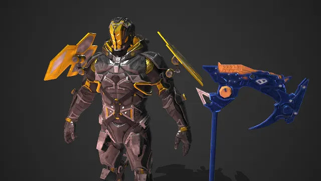 机甲战士  黄黑战甲  长柄战斧  科幻风格  游戏角色