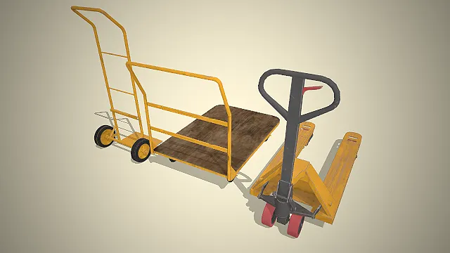 一组黄黑配色的，写实风格仓储搬运车3D模型