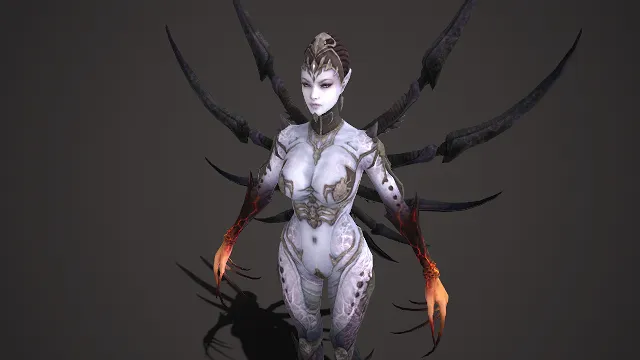 阴森女妖  魔物  白肤嵌邪纹的躯体  骨感纹理  黑翼  凶戾诡异  暗黑风格  肤白瞳冷  暗黑元素