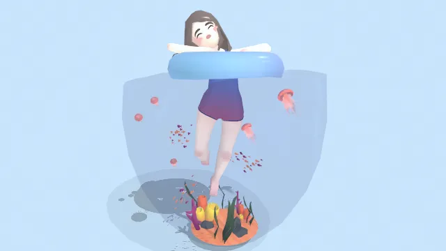 在海里游泳的人物女孩带有游泳圈水母