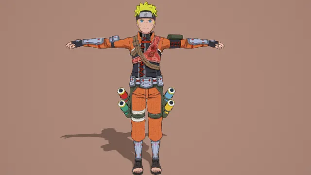 3D卡通风格橙黄绿系动漫忍者角色模型，创意设计（3D角色、卡通风格、动漫忍者风，角色设计主题）