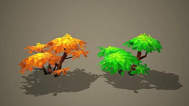 低模两种颜色的卡通矮树模型 游戏场景植被素材