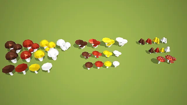 低多边形多色蘑菇模型套装写实模型