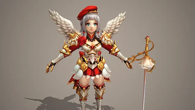 卡通 Q 版天使翼玫瑰铠甲女剑士带蔷薇圣剑 3D 游戏角色模型