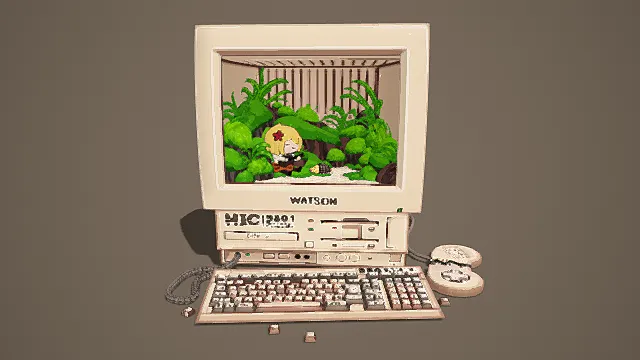 复古风格电脑场景3D模型，怀旧设计（老式电脑、键盘、游戏手柄、屏幕插画、卡通角色 ）