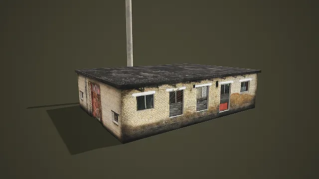 废弃工业平房 3D 模型（带烟囱破损款）