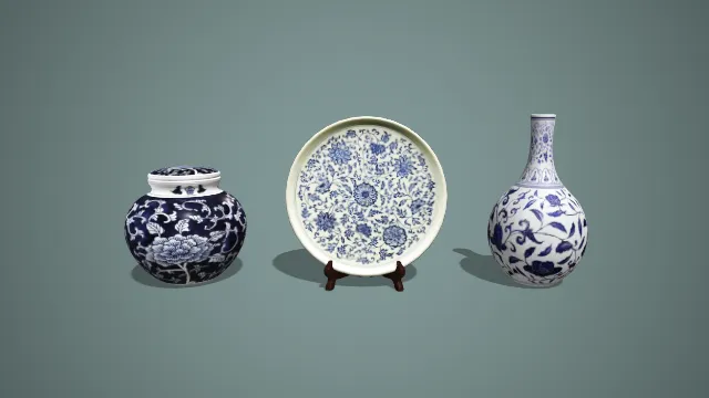 青花缠枝花卉纹盖罐、赏盘与胆瓶组合瓷器 3D 模型