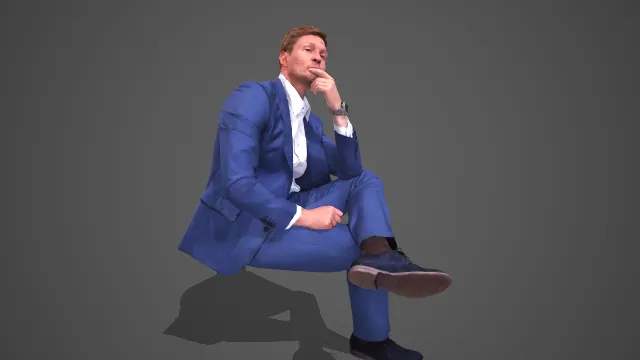 宝蓝西装男性坐姿托腮思考商务人物 3D 模型
