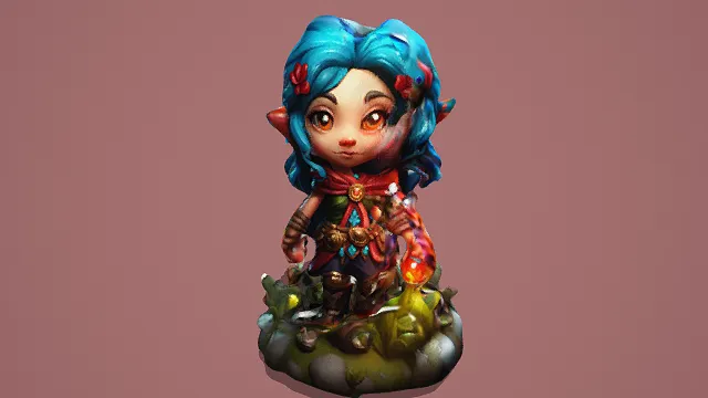 3D卡通风格奇幻精灵角色模型，创意设计（3D角色、卡通风格、奇幻可爱，角色奇幻主题，物品元素）