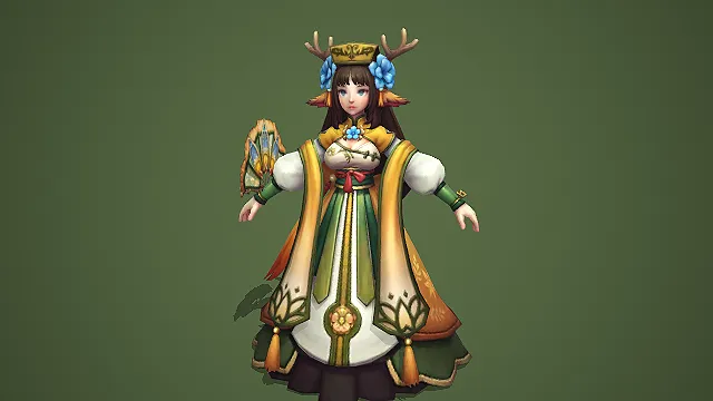 卡通 Q 版古风鹿耳蓝花女法师带绿金纹长袍 3D 游戏角色模型