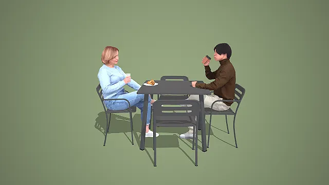 卡通风格双人咖啡简餐互动组合 3D 低多边形休闲场景装饰模型