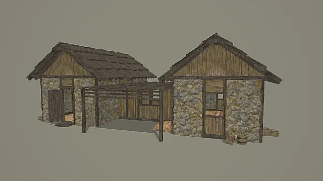 复古石木混合乡村联排储物屋3D模型