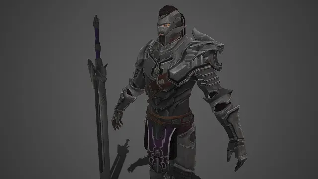 暗银重甲  3D 战士模型  冷灰色调  硬朗厚重质感  紫纹装饰  神秘冷峻  武士形象  沉稳强悍