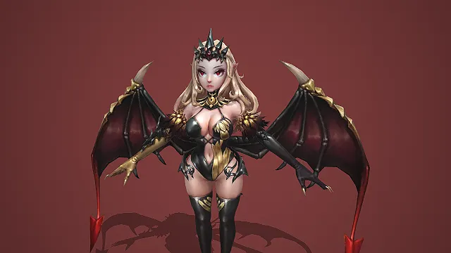 卡通 Q 版银发魅魔女王带恶魔翼利爪皇冠 3D 游戏角色模型