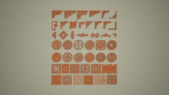 中式角花与圆形方形镂空花格组合木雕 3D 模型