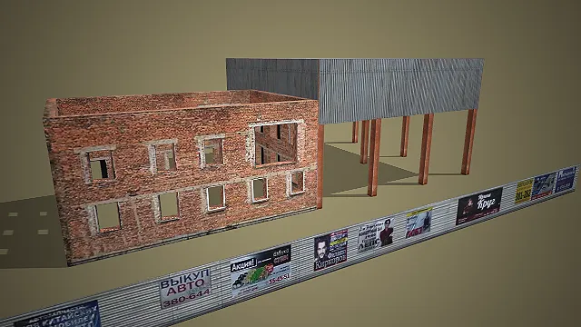 废墟商铺组合 3D 模型（砖房 + 高架铁皮顶款）