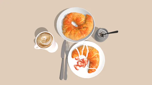 盘子放的刀叉勺早餐面包食物咖啡饮品