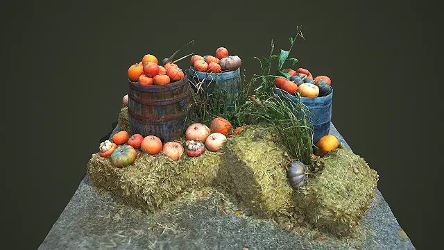 丰收主题南瓜草堆木桶组合场景 3D 模型