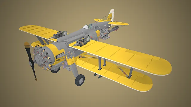双翼战斗机  二战风格战机  开放式驾驶舱  航空场景道具