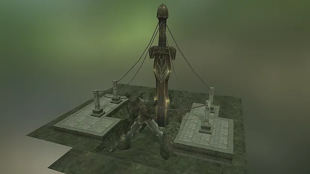 一个暗黑魔幻风格的3D巨剑祭坛模型,适合用于古风场景搭建