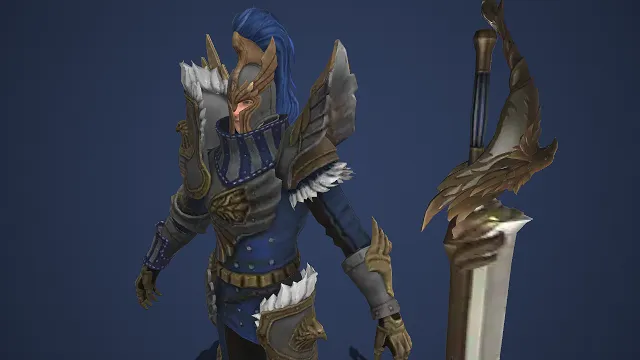 蓝金翎甲战士  凤纹长剑  蓝发装饰  白绒饰铠  奇幻华丽骑士  3D 角色模型  蓝金主色调  优雅