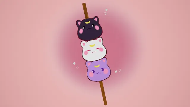3D卡通风萌系串烧小猫模型，创意设计（3D萌系串烧、卡通风格、三只小猫头串烧、可爱治愈、萌系主题、甜点风格）
