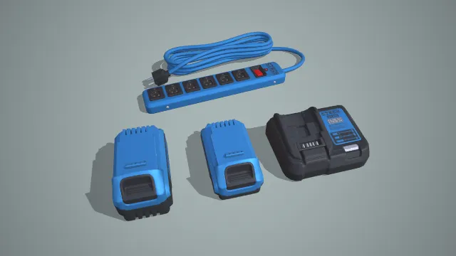 蓝调带线插排与锂电池及充电器组合电动工具配件 3D 模型