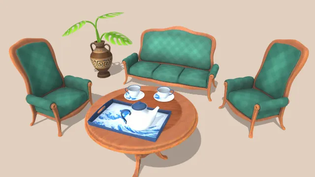 家具集合场景沙发茶几桌子茶壶茶杯盆栽植物