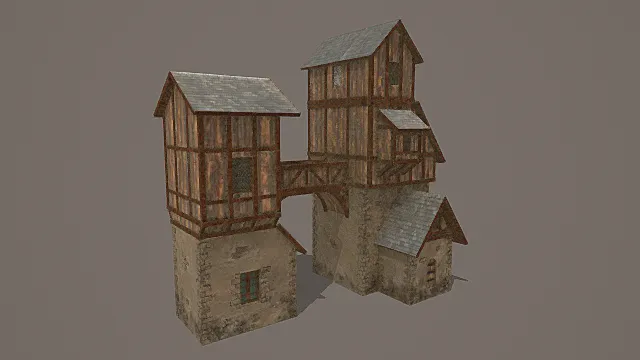中世纪联排风木石结构吊桥民居3D模型