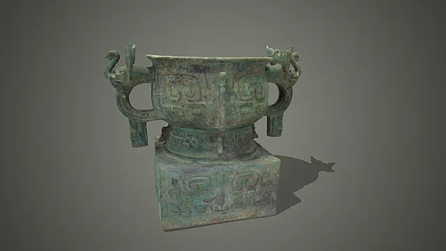 国风重器风格兽耳方座青铜簋摆件 3D 模型