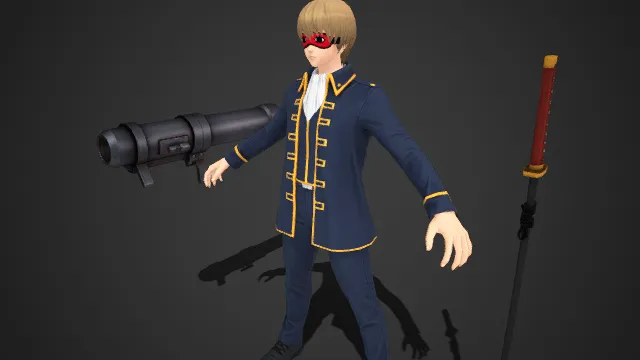 游戏角色  浅金短发  神秘感  蓝金镶边制服  学院风  重型火炮  武士刀  日式冷兵器