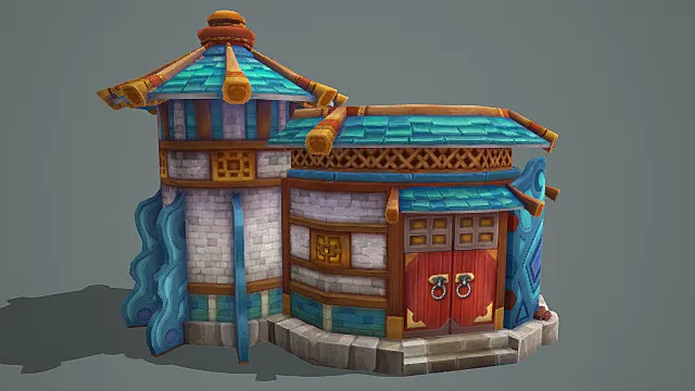 Q 版仙侠游戏国风幻海民居建筑模型