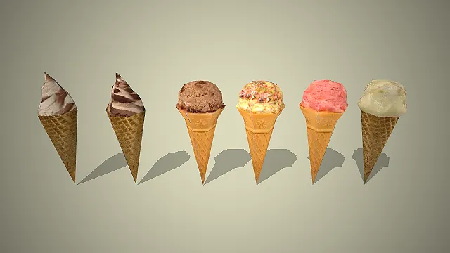 一组不同口味的冰淇淋甜筒3D模型  脆皮蛋筒  奶油顶