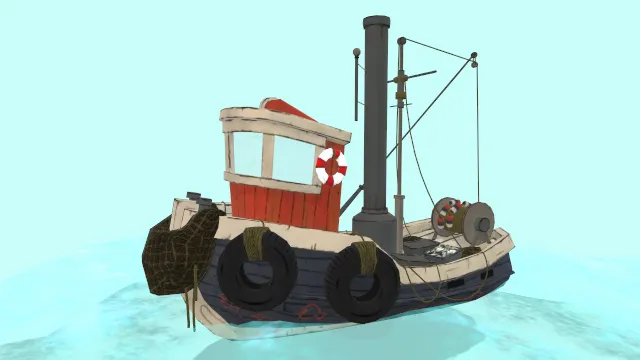 卡通风格化钓鱼船货船帆船场景