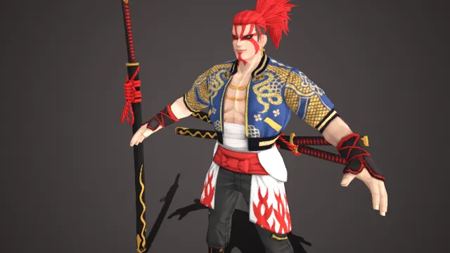 传统和风元素  潮范  武士格斗角色  红发高束  红纹妆面  龙纹菊纹  日式武装  双剑配饰  