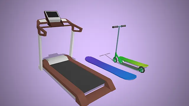 一组低多边形卡通风格的3D运动装备模型集合