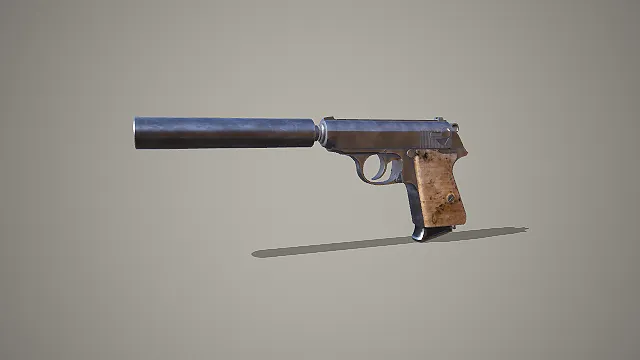 木质握把消音复古手枪 3D 模型 军事特工枪械道具资产