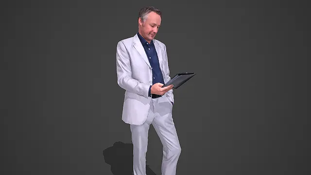 浅银西装配蓝衬男性持平板商务人物 3D 模型