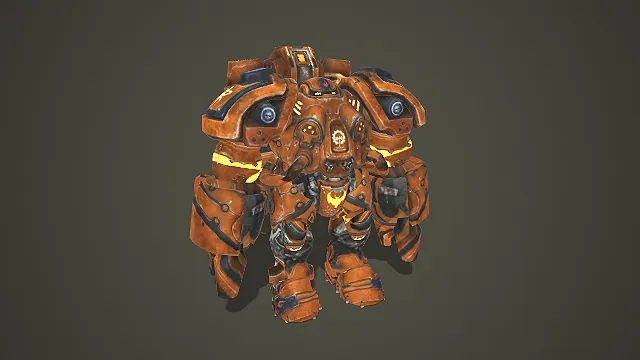 科幻橙黄重型工程机甲 3D 模型 星际题材作战单位素材