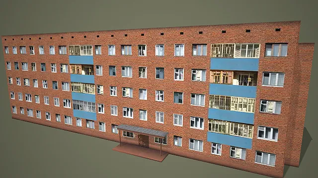 红砖面多层居民楼带平顶蓝饰阳台 3D 模型