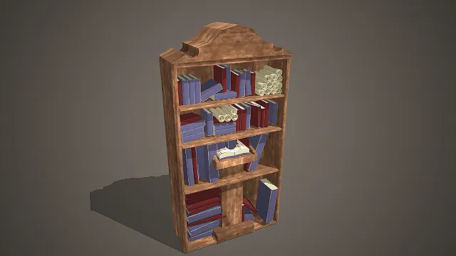复古木质书架带书籍卷轴装饰写实模型