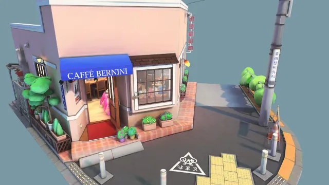 伯尼尼咖啡馆建筑房子场景店面道路货物