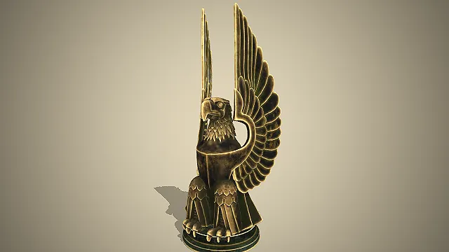 一个青铜质感的鹰形雕塑3D模型，呈现出展翅伫立的威严姿态